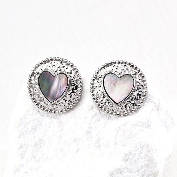 🖤 Artisan Original Design Vintage Black Mother of Pearl Heart Studs | S925 - Picture 4 of 11